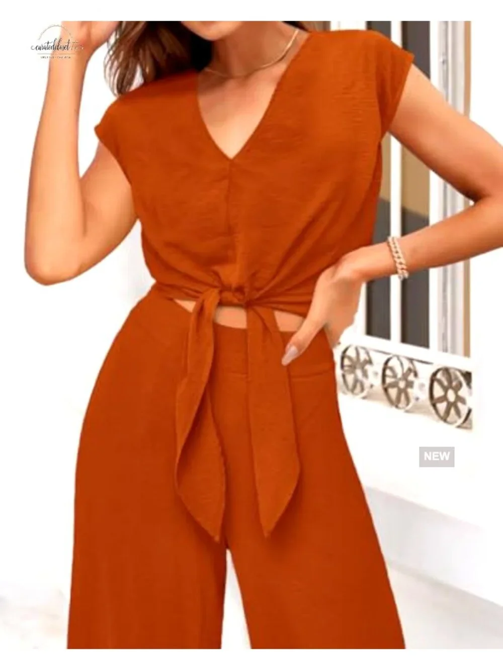 Women's 2 Piece Pant Set V Neck Crop Top Wide Leg Palazzo Pants - Picture 4 of 7